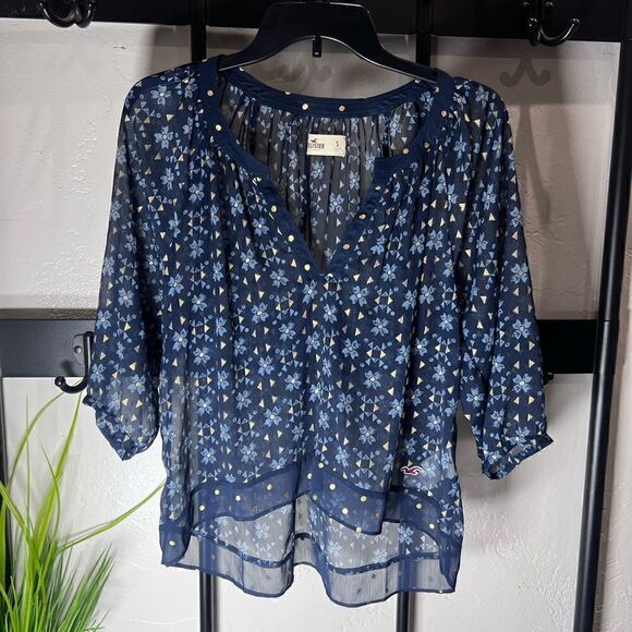 Hollister Boho Peasant Blouse Chiffon 3/4 Sleeve blue Size Small - Picture 3 of 16